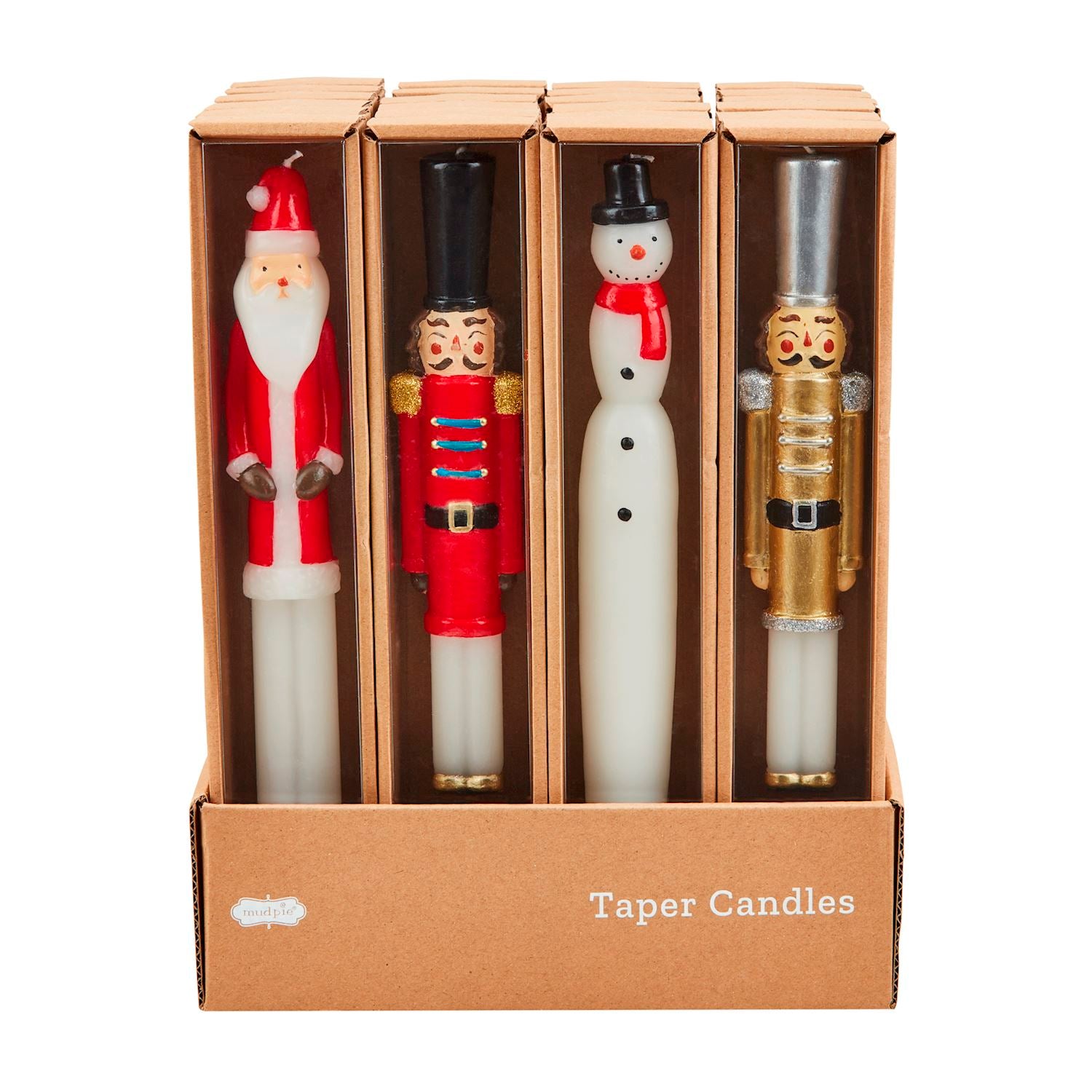 4 christmas taper candles in their boxes.