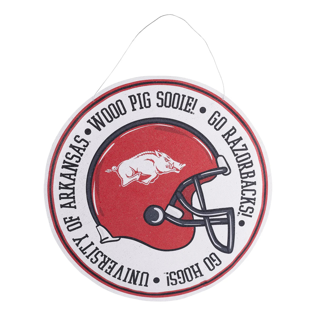 round door hanger with red helmet in the middle.