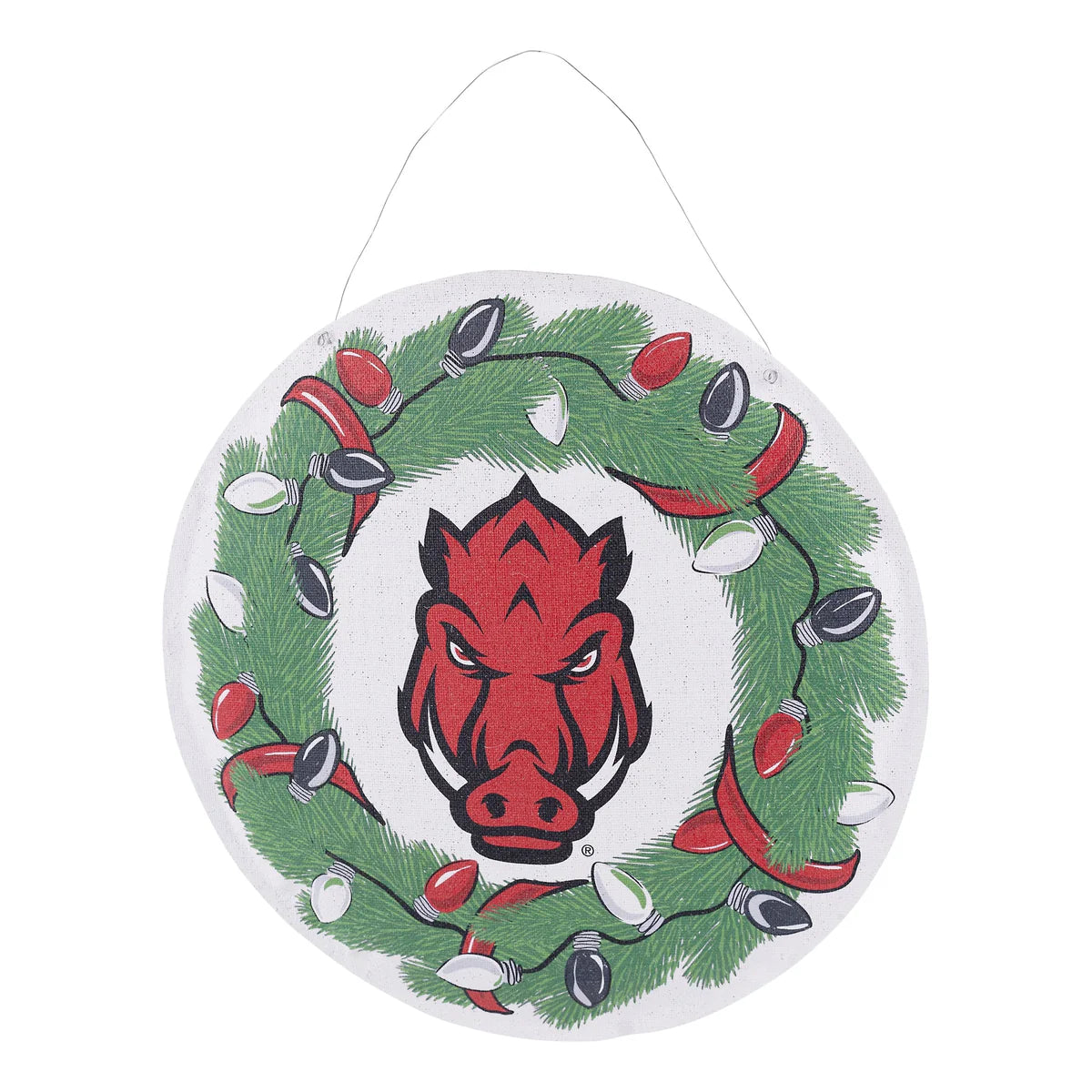 round door hanger with razorback logo in the middle surrounded wreath.