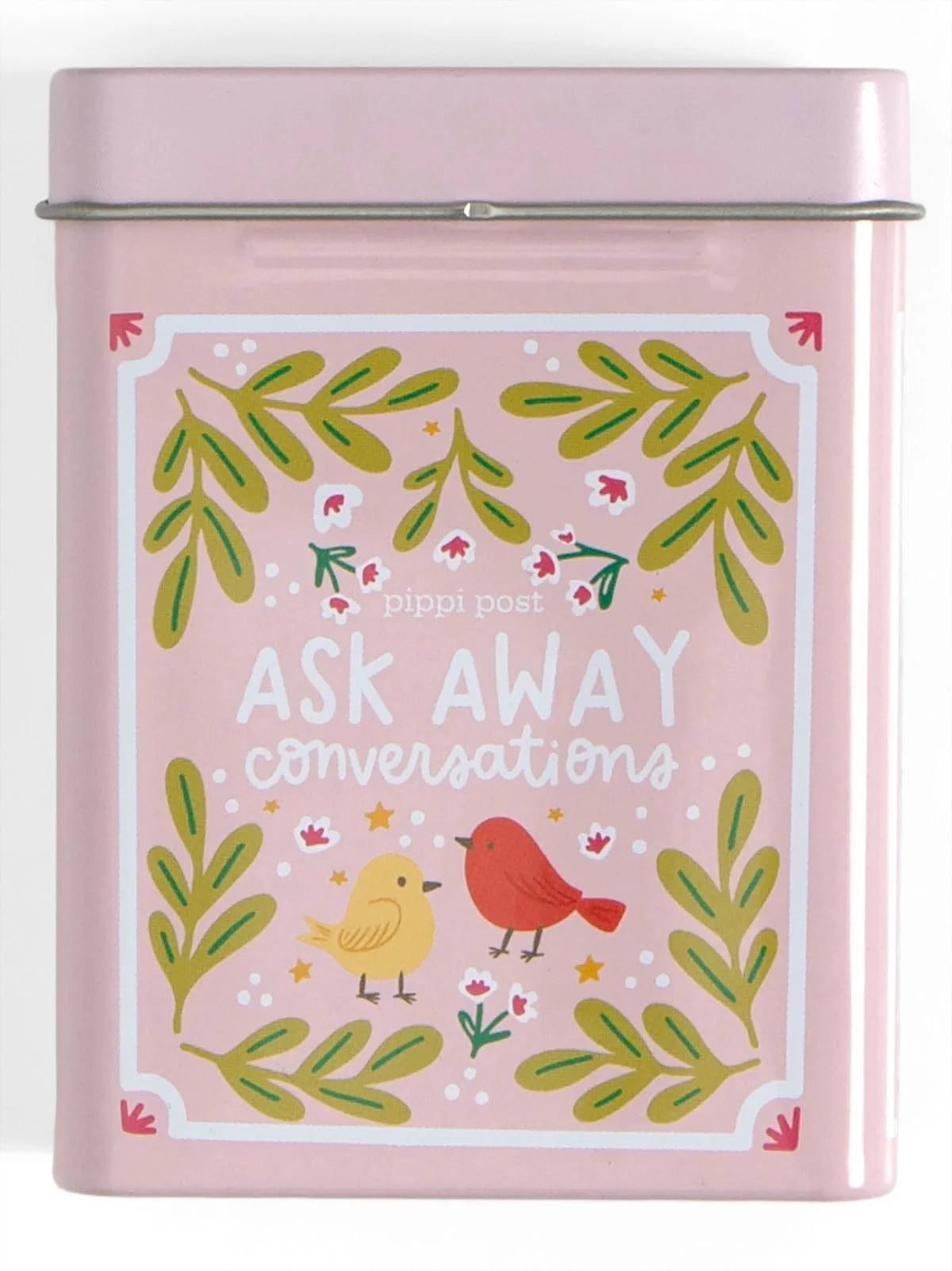 ask away card pink tin with floral and bird design shown on a white background