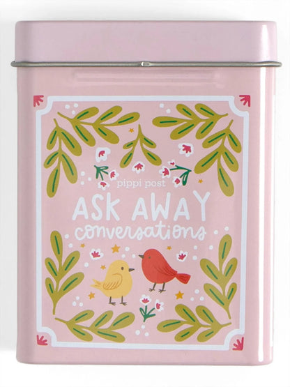 ask away card pink tin with floral and bird design shown on a white background