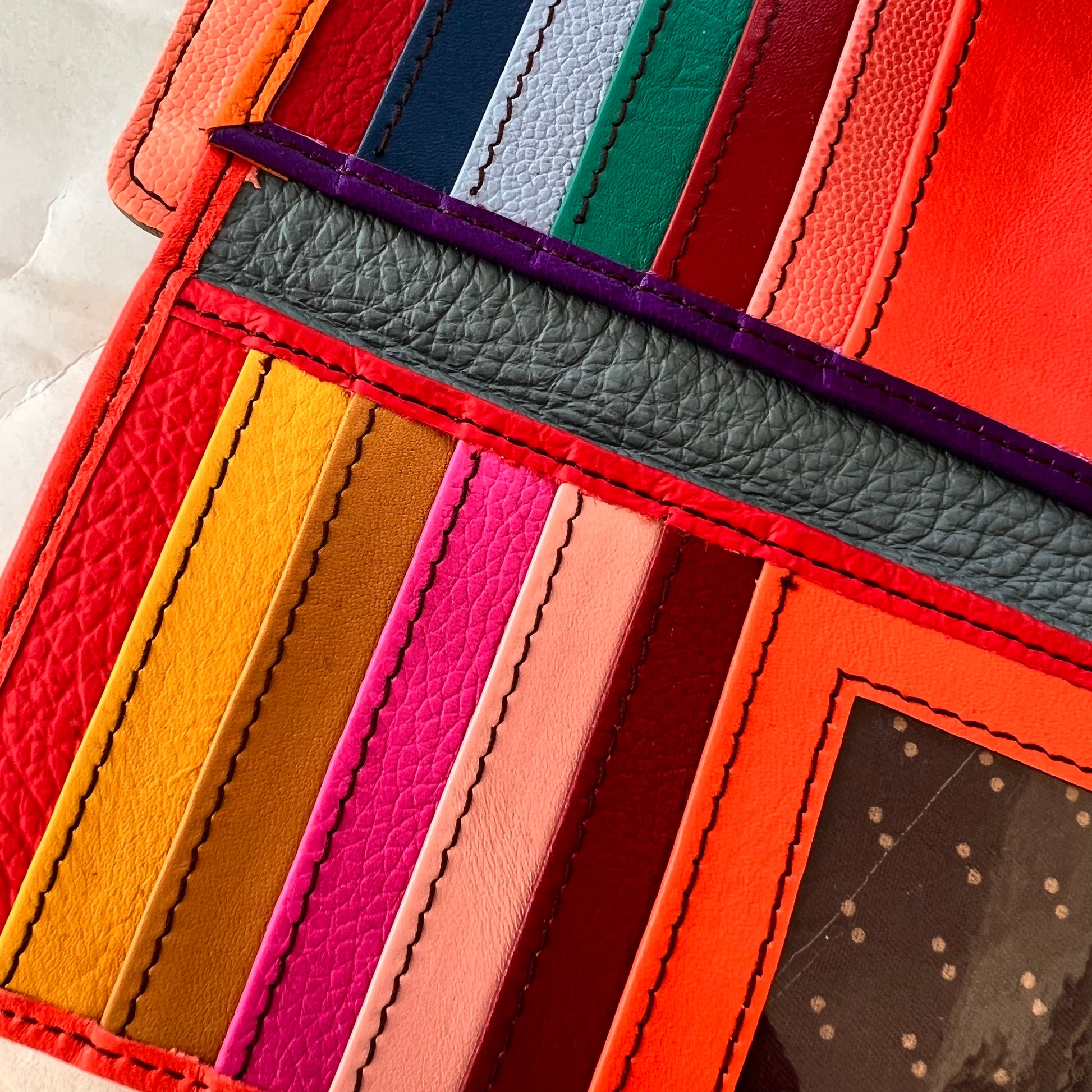 close-up of kimber's colorful card slots.