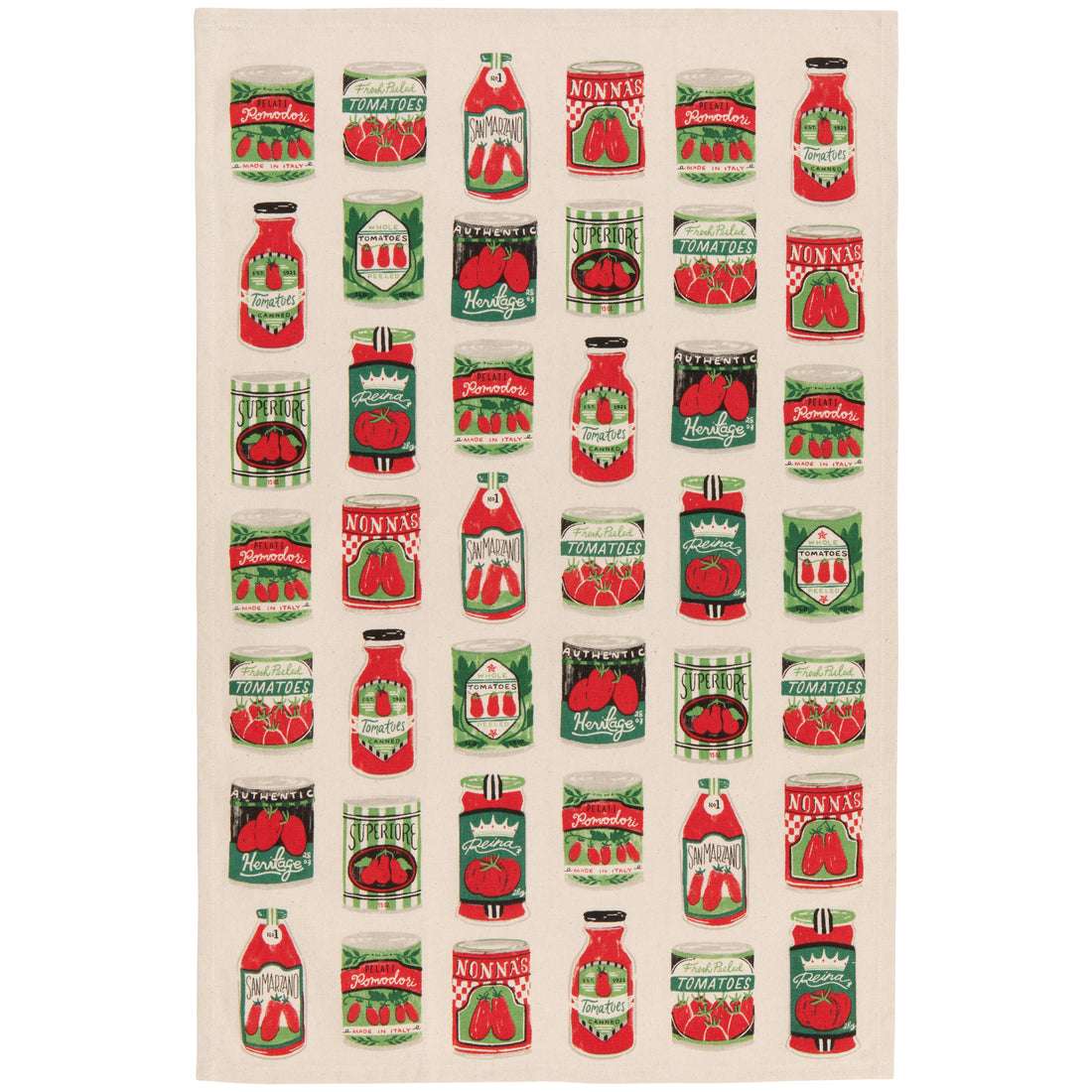 cream colored dishtowel printed with design of various tomato cans and jars