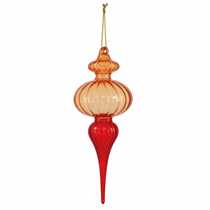 A ribbed glass finial Christmas ornament in a gradient of orange to red, featuring a hanging loop at the top, shown against a plain white background.