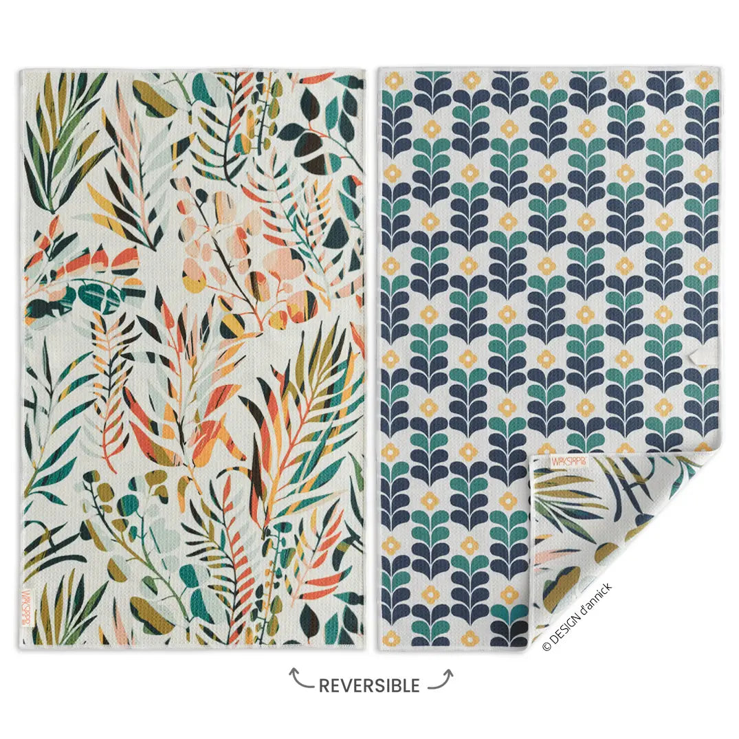 Front and back views of the colorful leaves dishtowel.