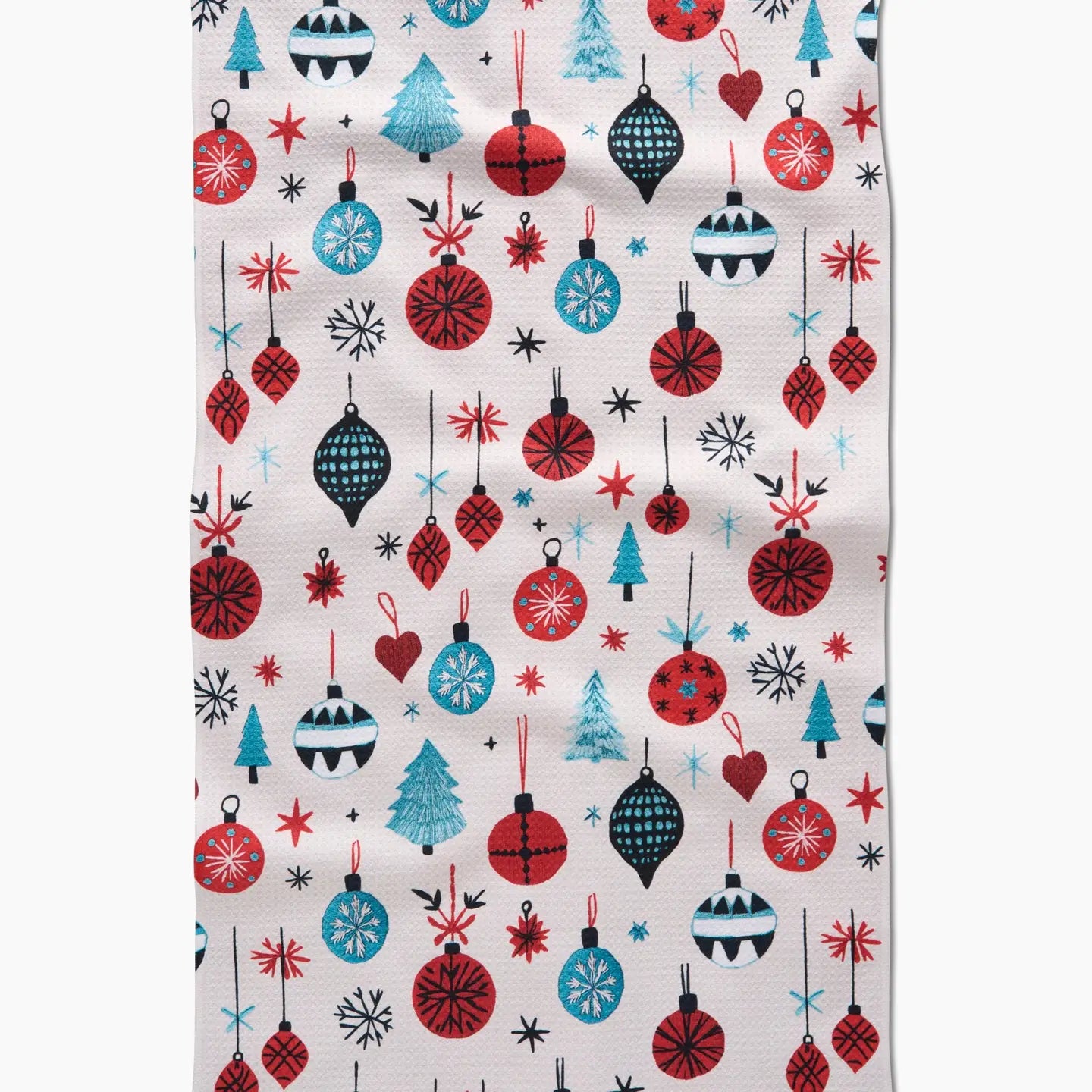 white tea towel printed with ornaments design