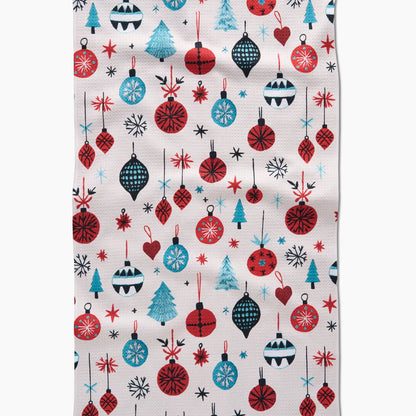 white tea towel printed with ornaments design