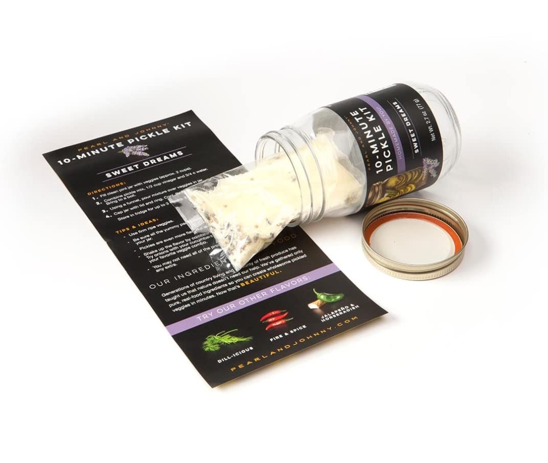 Pearl & Johnny's Sweet Dreams Pickle Kit with directions and seasoning pouch arranged on a white surface.