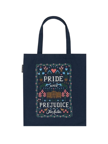 folk style artwork on a navy tote bag with the title "pride and prejudice by jane austin"