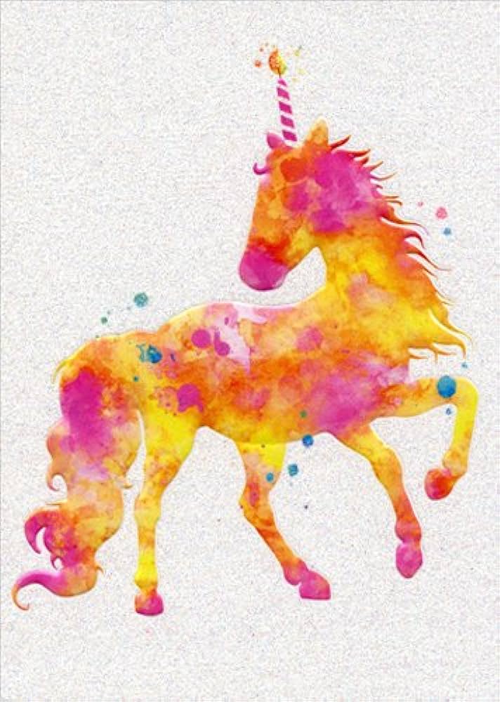 front of card is a drawing of a horse with a candle burning on it's head and a horn