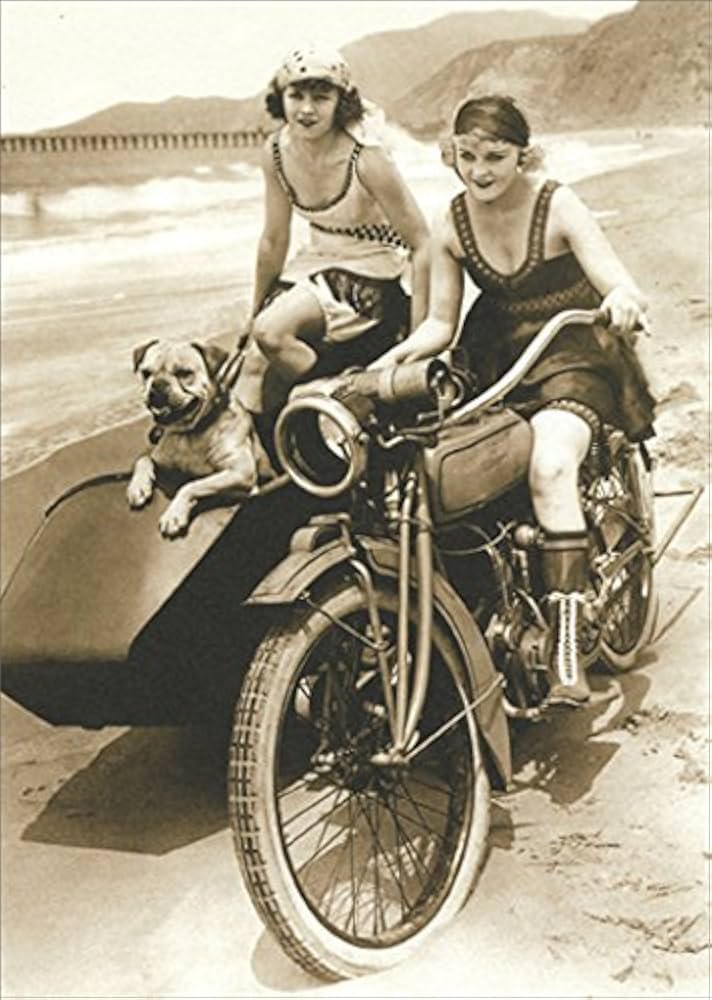 front of card is two women and a dog riding a motorcycle with a sidecar on the beach
