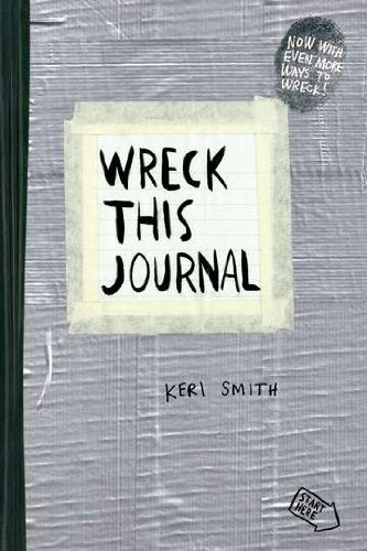 front cover of wreck this journal with a duct tape printed cover and black spine.