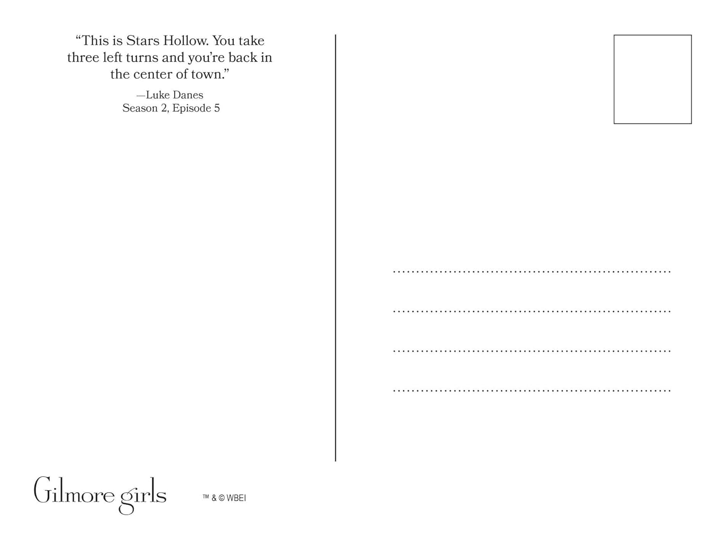 Postcard from 'Gilmore Girls' with text and a small square for a stamp.