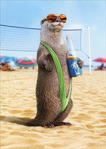 front of card is otter wearing a mankini and sunglasses standing on the beach in front of a volleyball net