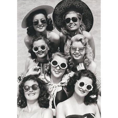 front of card is seven women all wearing sunglasses and two in big hats