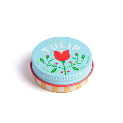 tin of Tulip lip balm with blue lid and yellow striped base.