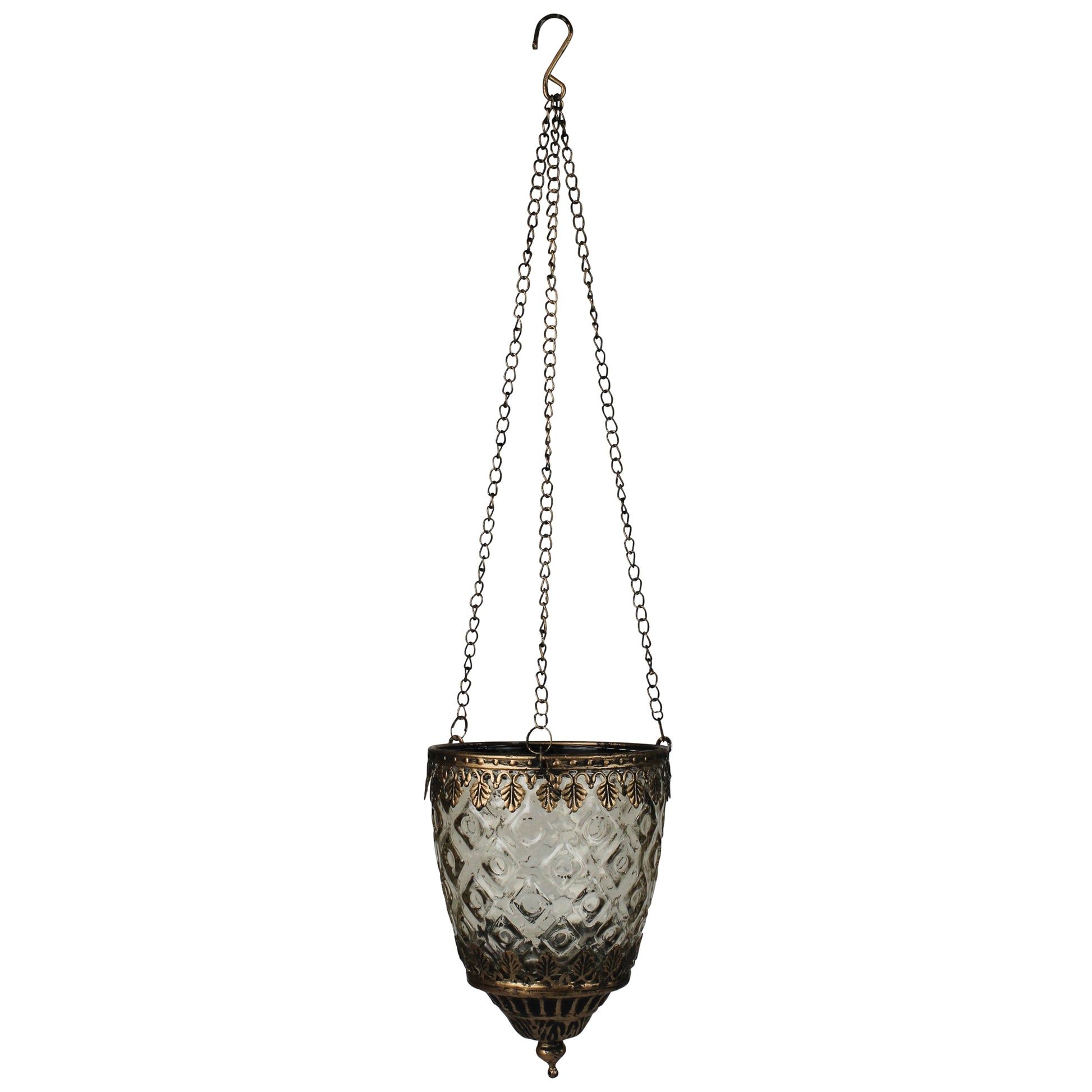 smoke colored glass with diamond pattern and metal hanging lantern