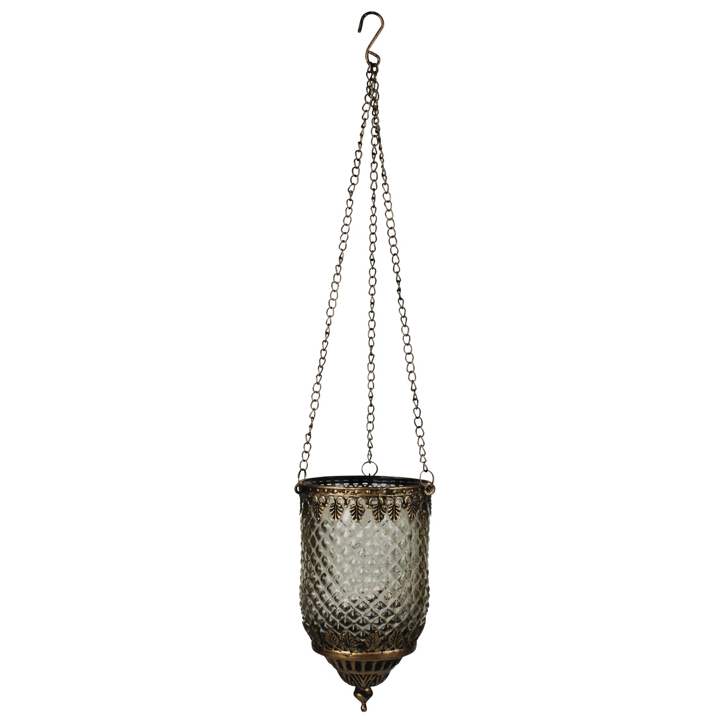 smoke colored glass with lattice pattern and metal hanging lantern.