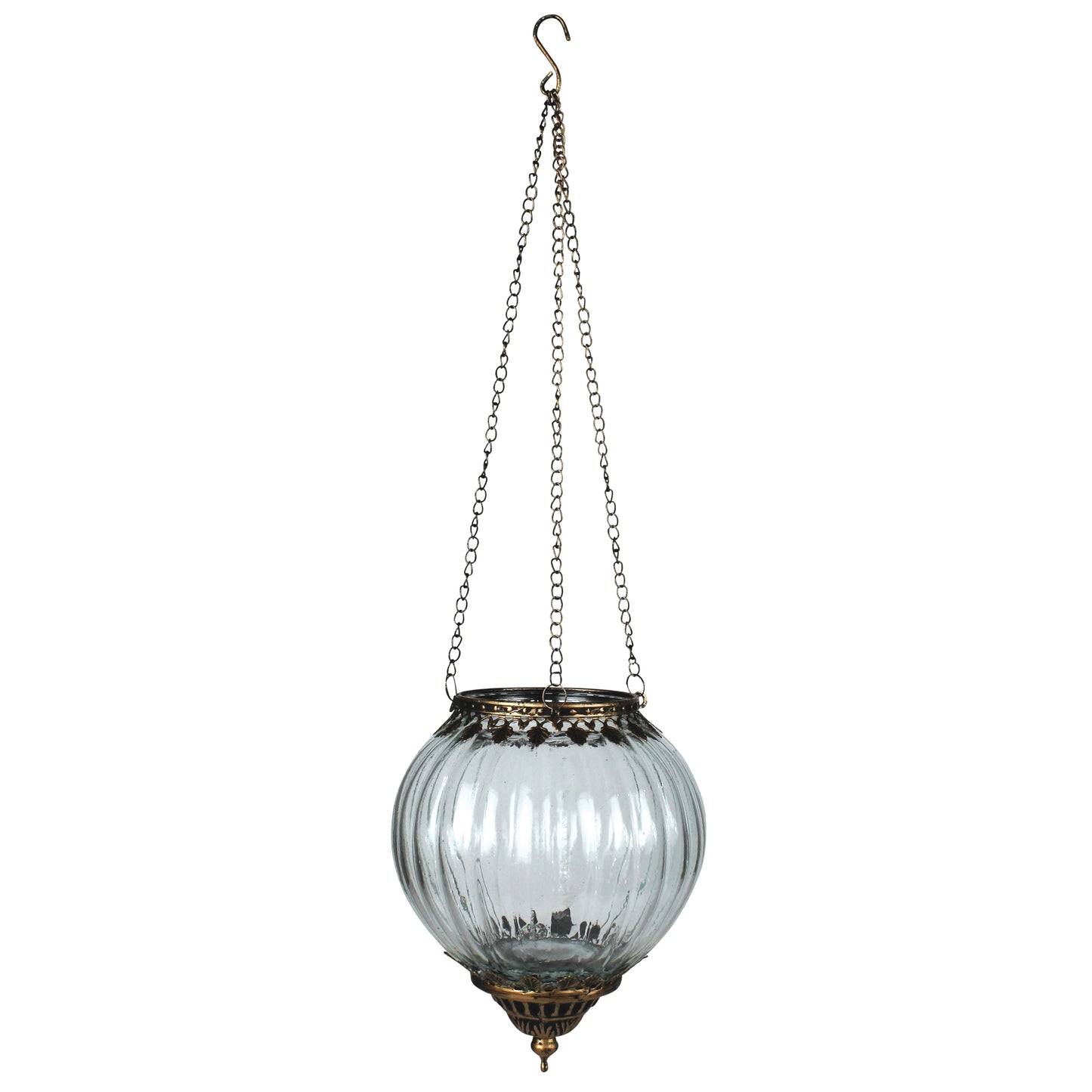 round glass lantern hanging from a chain.