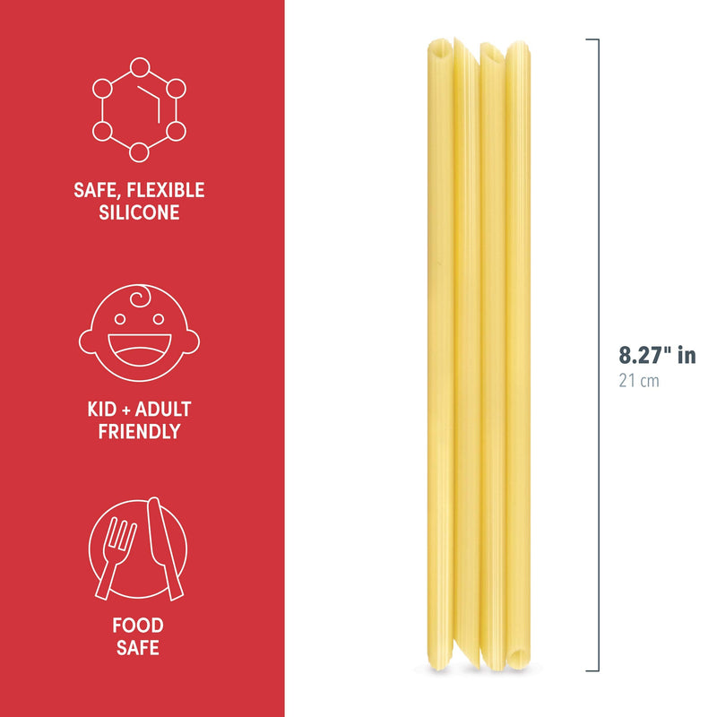 Yellow silicone pasta straws with safety features and dimensions on a red and white background