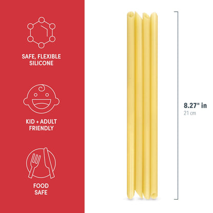 Yellow silicone pasta straws with safety features and dimensions on a red and white background
