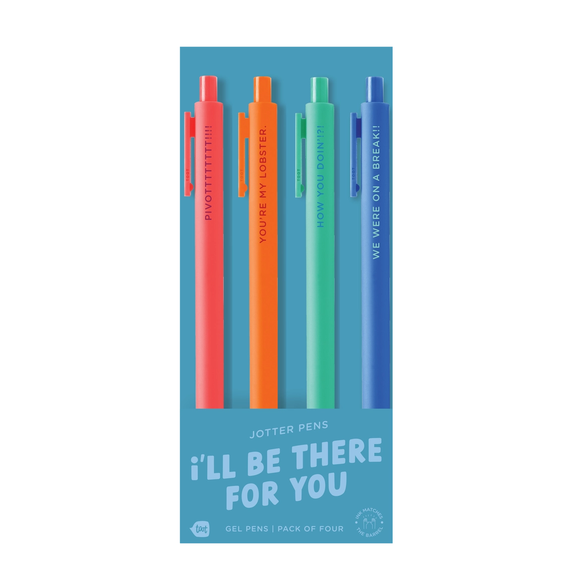 Pack of four colorful pens with text on a blue background