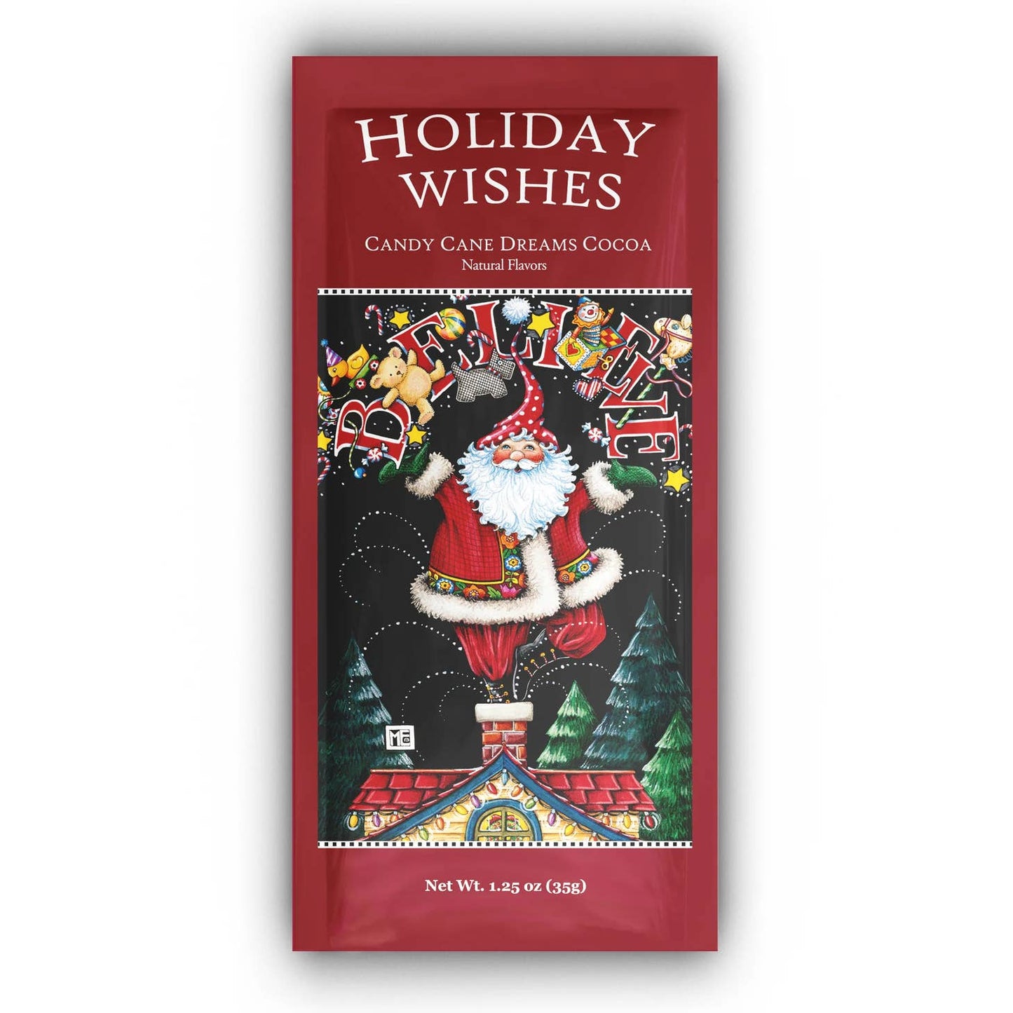 santa holiday wishes candy cane cocoa packet with santa and the word believe on the front
