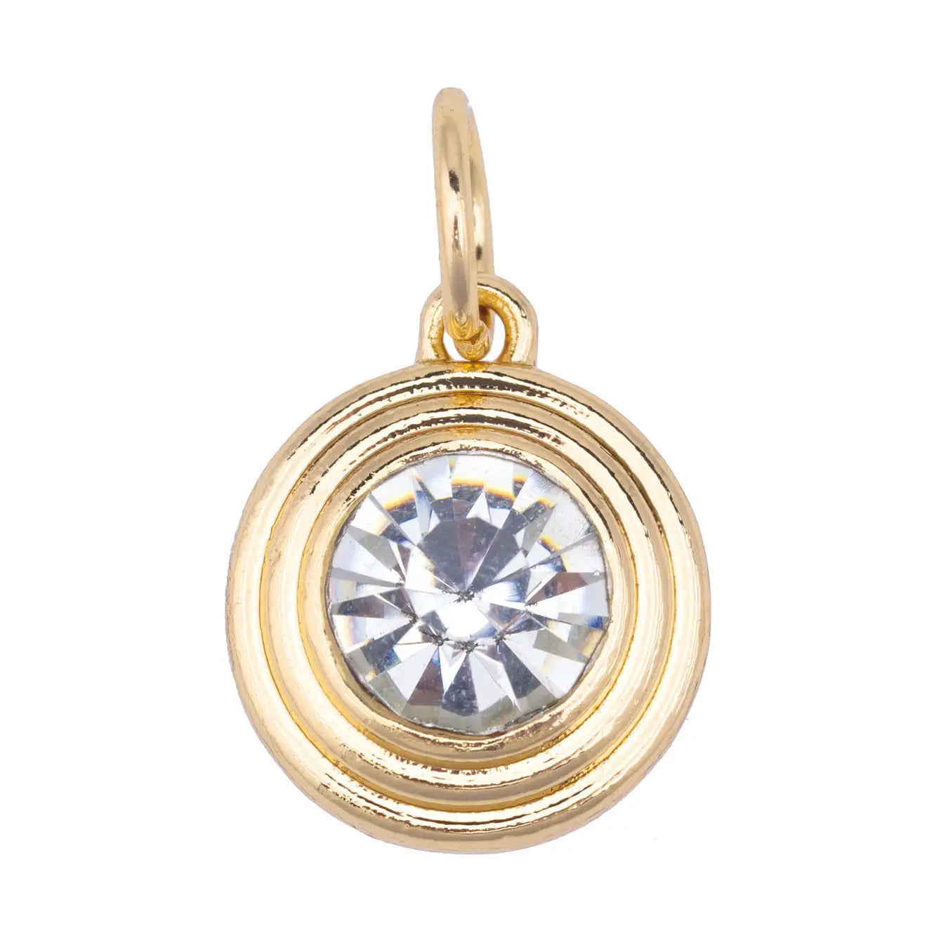 Gold pendant with a clear crystal on a white background