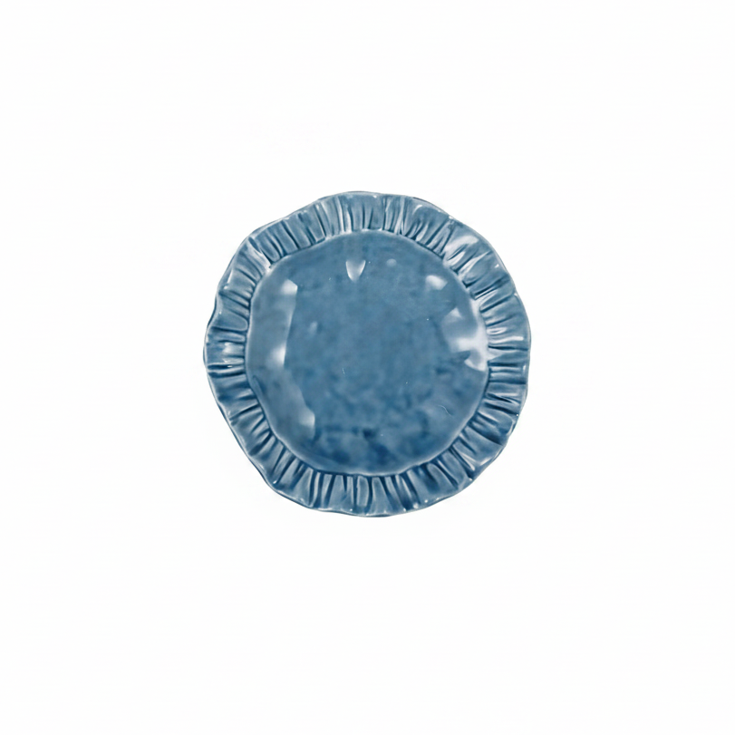 blue ruffle salad plate on a white background 