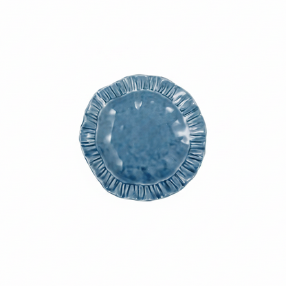 blue ruffle salad plate on a white background 