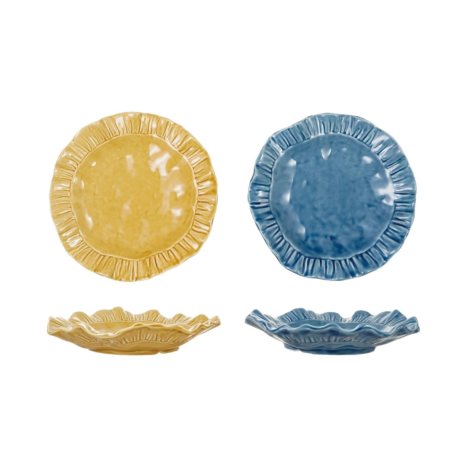 Two round ceramic plates with scalloped edges, shown in yellow and blue, with one plate standing upright and the other shown from a shallow angle on a white background.