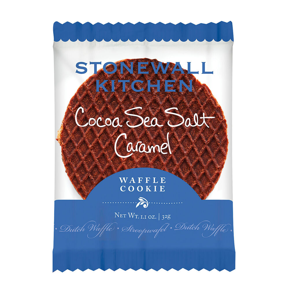 Cocoa Sea Salt Caramel Waffle Cookie displayed in the package against a white background