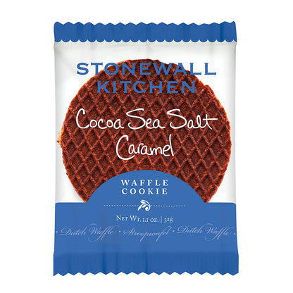 Cocoa Sea Salt Caramel Waffle Cookie displayed in the package against a white background