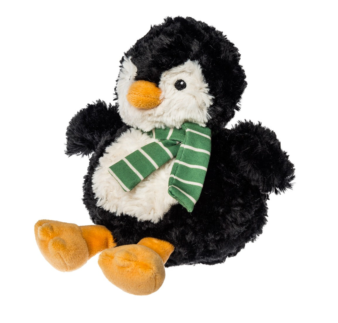 side view of Plush penguin toy with a green scarf on a white background