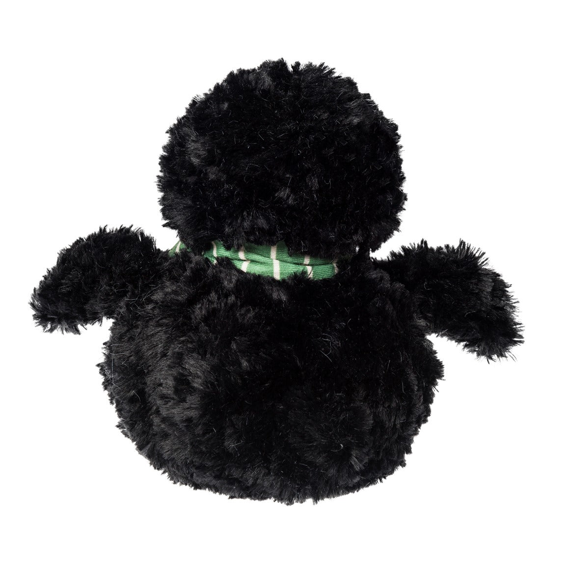 back view of Plush penguin toy with a green scarf on a white background