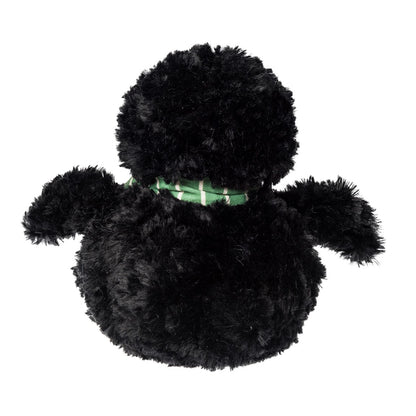 back view of Plush penguin toy with a green scarf on a white background