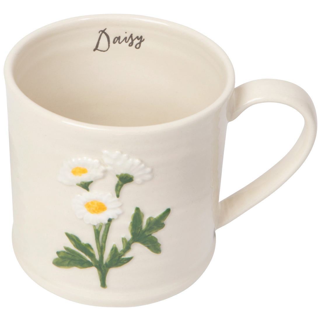 daisy embossed mug with the word "daisy" written on the upper inside of the mug