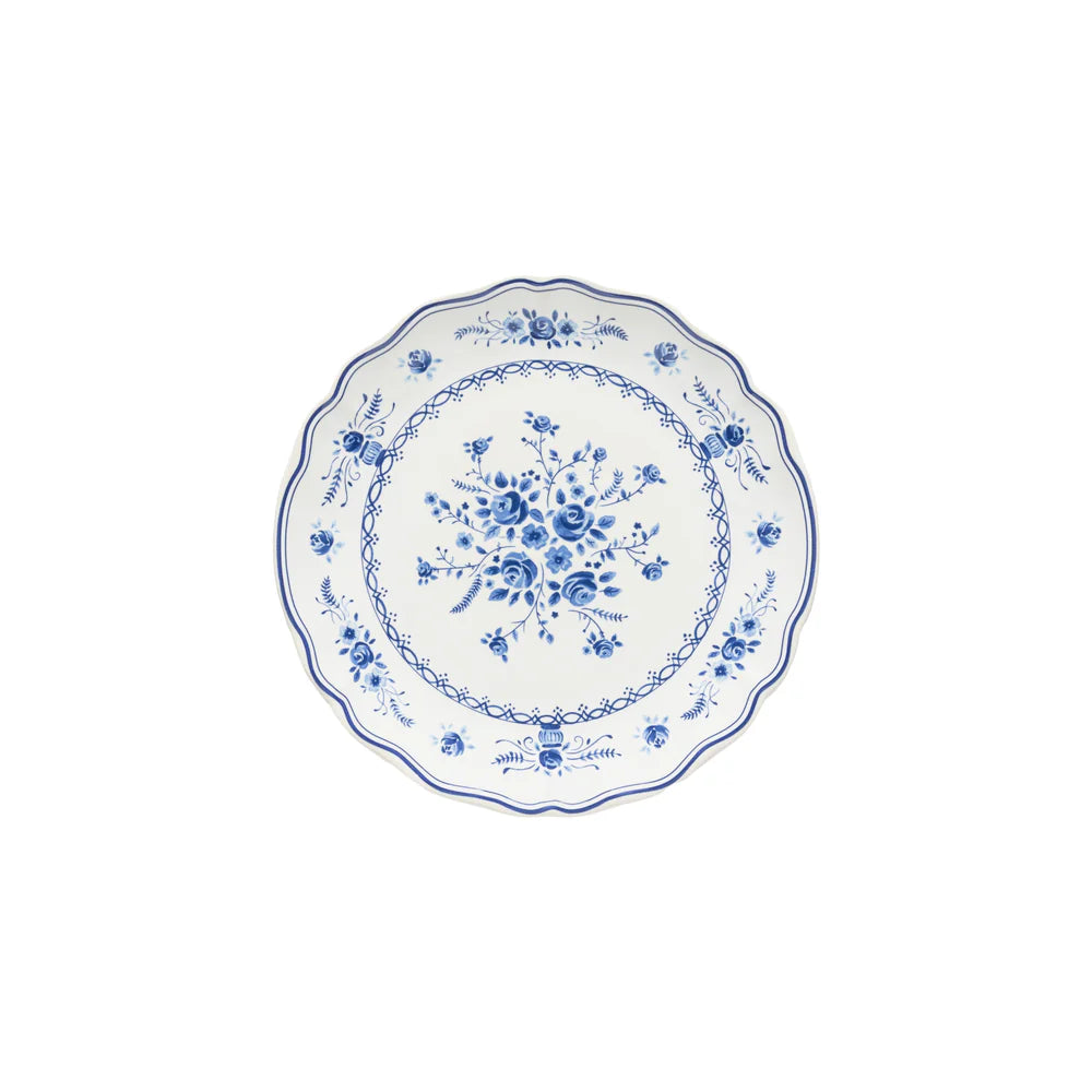 costa nova vila white salad plate with blue center flower and blue detailing on the edge