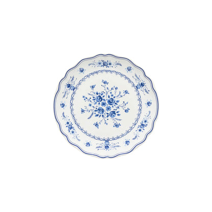 costa nova vila white salad plate with blue center flower and blue detailing on the edge
