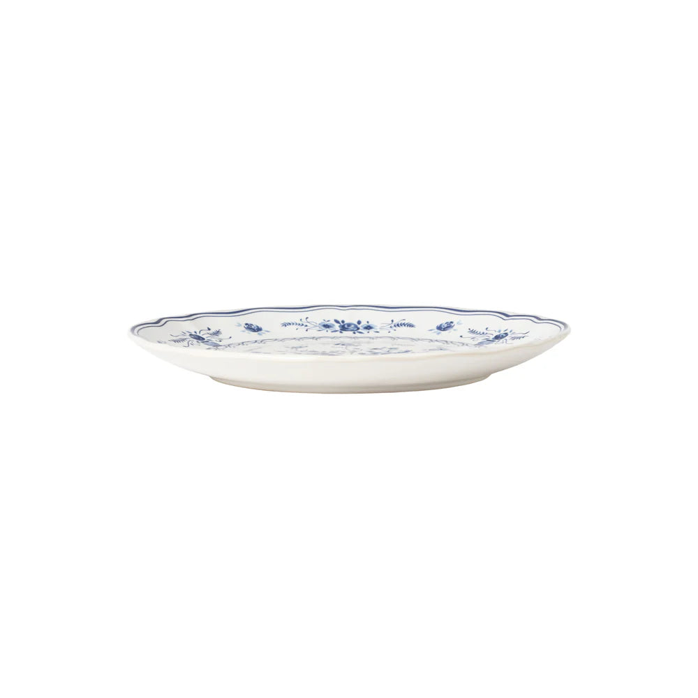 side view of costa nova vila white salad plate with blue floral design