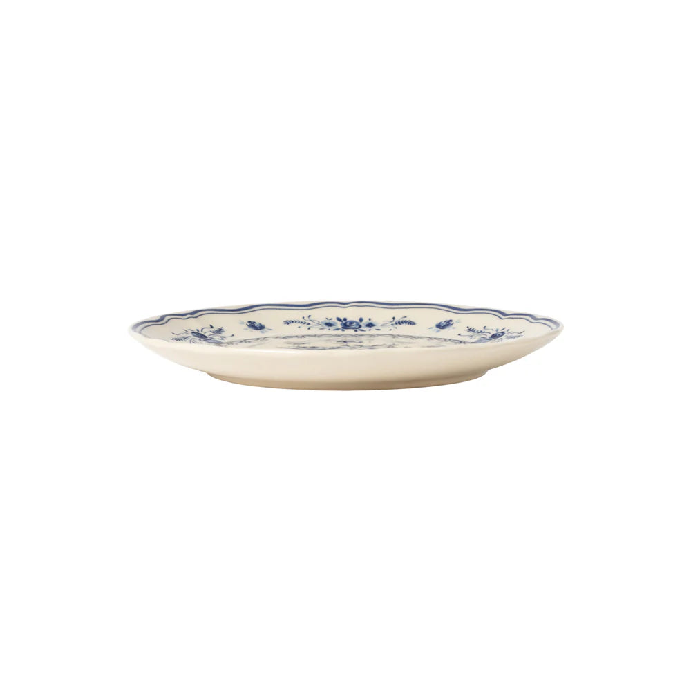 side view of costa nova vila beige salad plate with blue florals