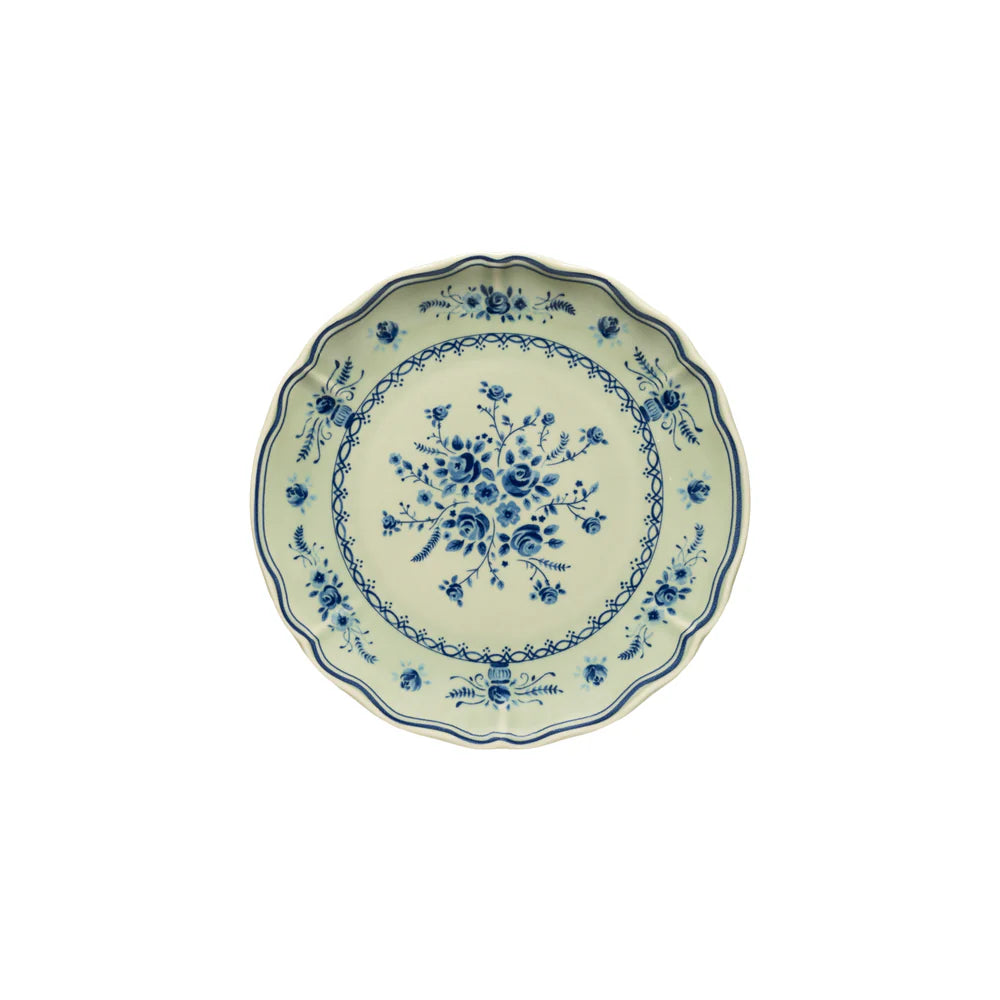 costa nova vila olive green salad plate with blue center flower and blue detailing on edge