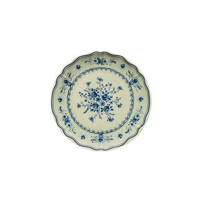 costa nova vila olive green salad plate with blue center flower and blue detailing on edge