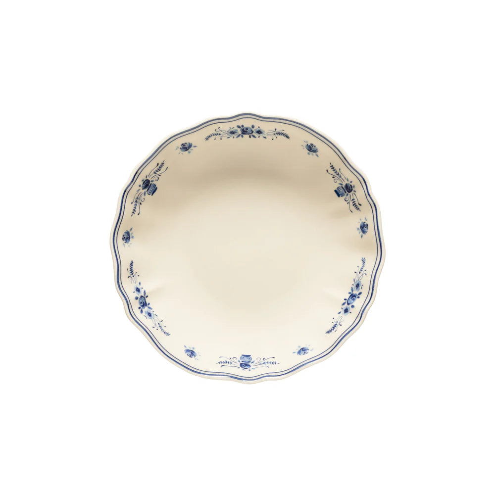 top view of costa nova vila beige and blue floral  pasta bowl