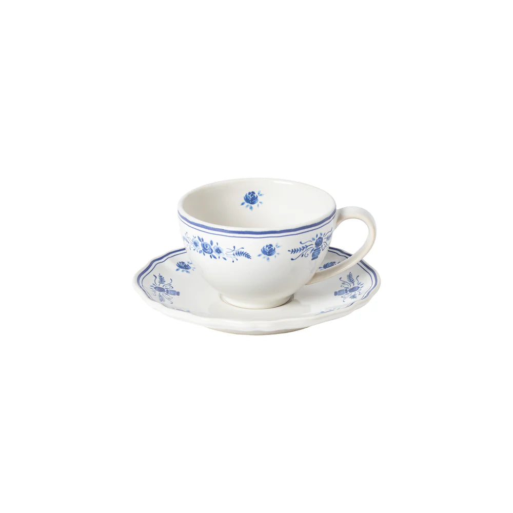 vila white and blue tea cup with saucer