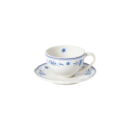 vila white and blue tea cup with saucer