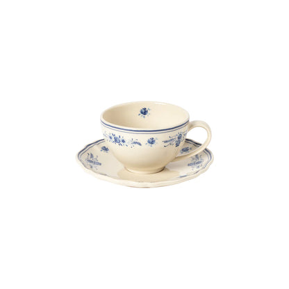 vila beige and blue tea cup with saucer