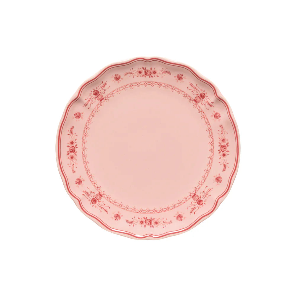 costa nova vila pink dinner plate with red florals on the edge