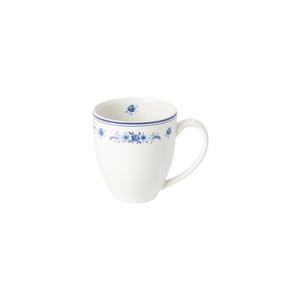 white Vila Mug with blue floral design shown on a white background