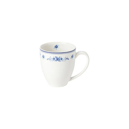 white Vila Mug with blue floral design shown on a white background